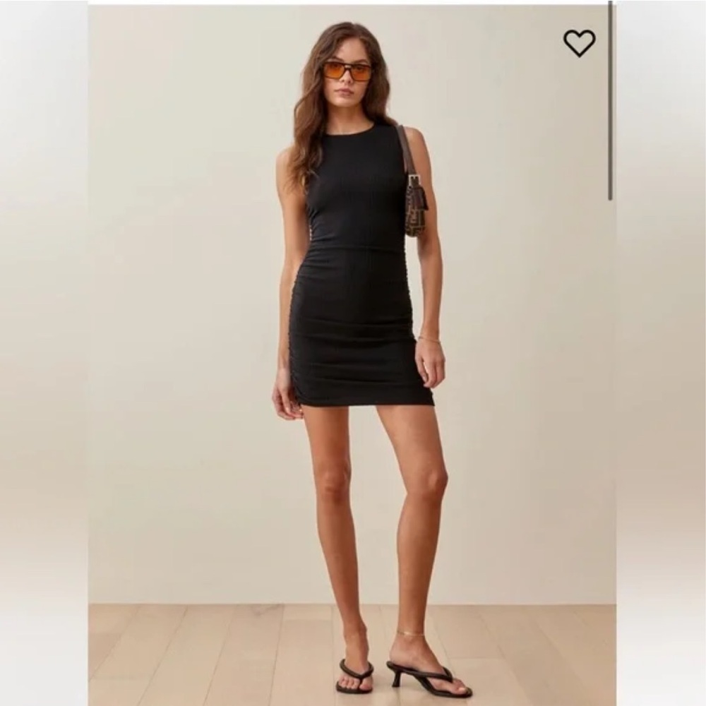 Reformation Black Sleeveless Dress ribbed, gathered sides elegant cocktail LBD